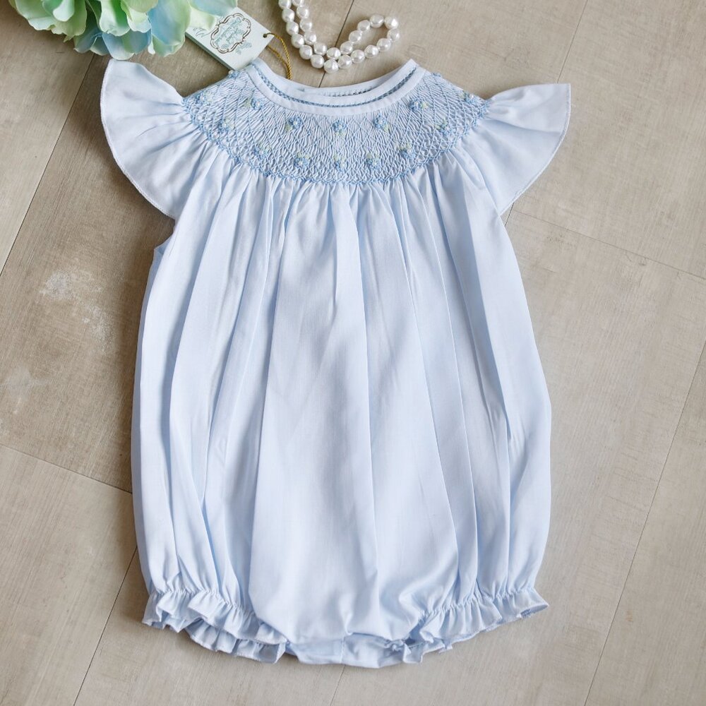 Blue Pearl Flower Fly Sleeve Bubble Romper Feltman Brothers Smocked NWT